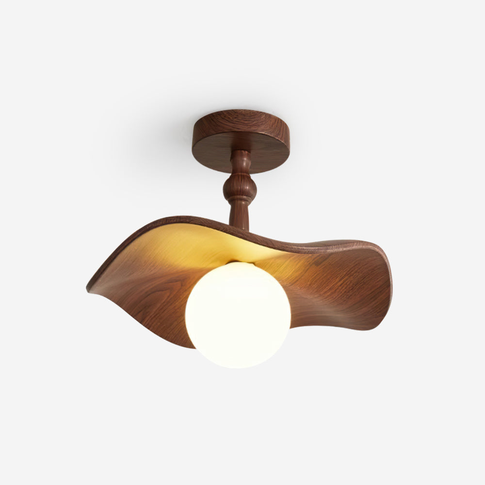 Beige Glass Shade Semi Flush Walnut Wood Ceiling Light Dimmable