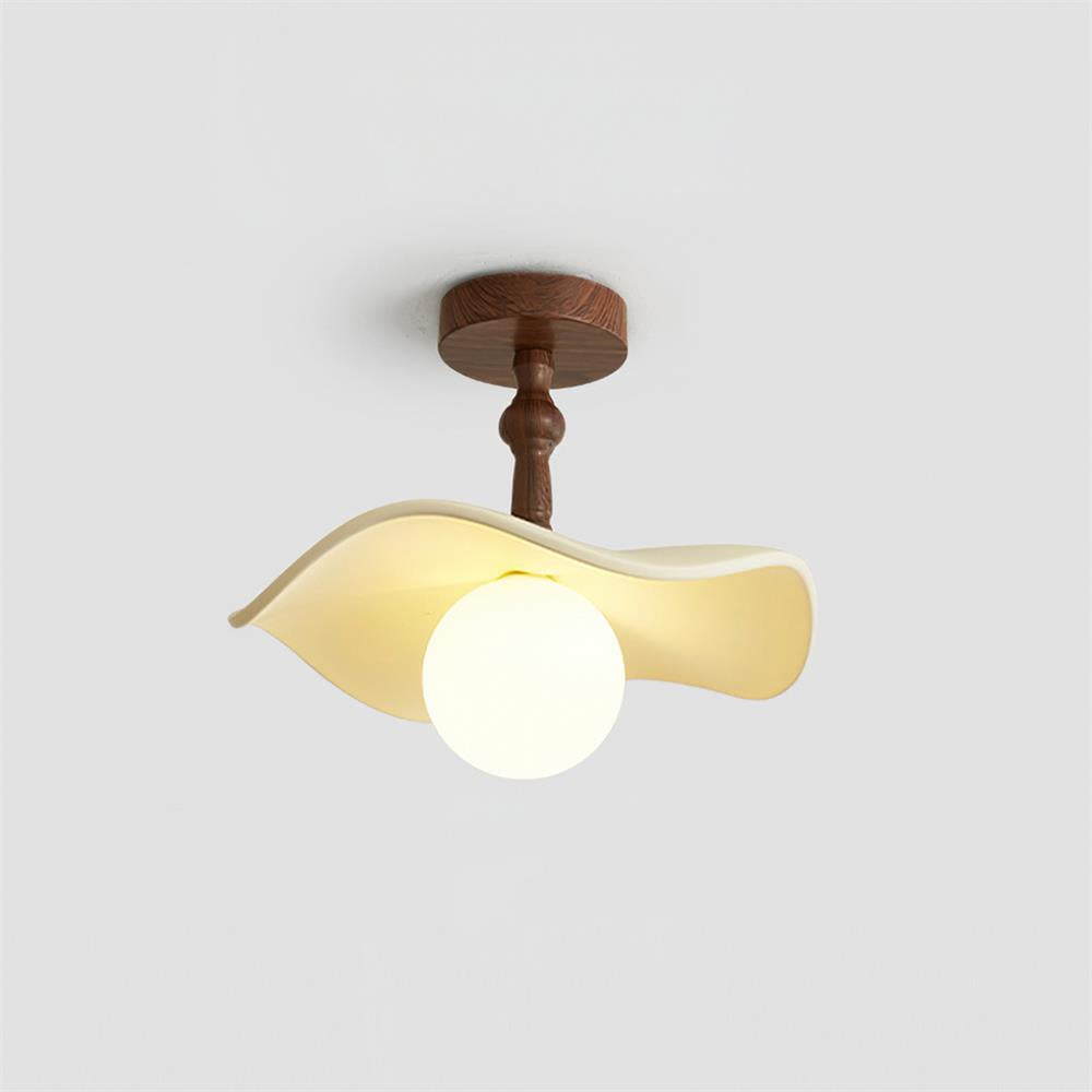 Beige Glass Shade Semi Flush Walnut Wood Ceiling Light Dimmable