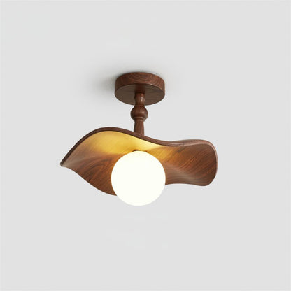 Beige Glass Shade Semi Flush Walnut Wood Ceiling Light Dimmable