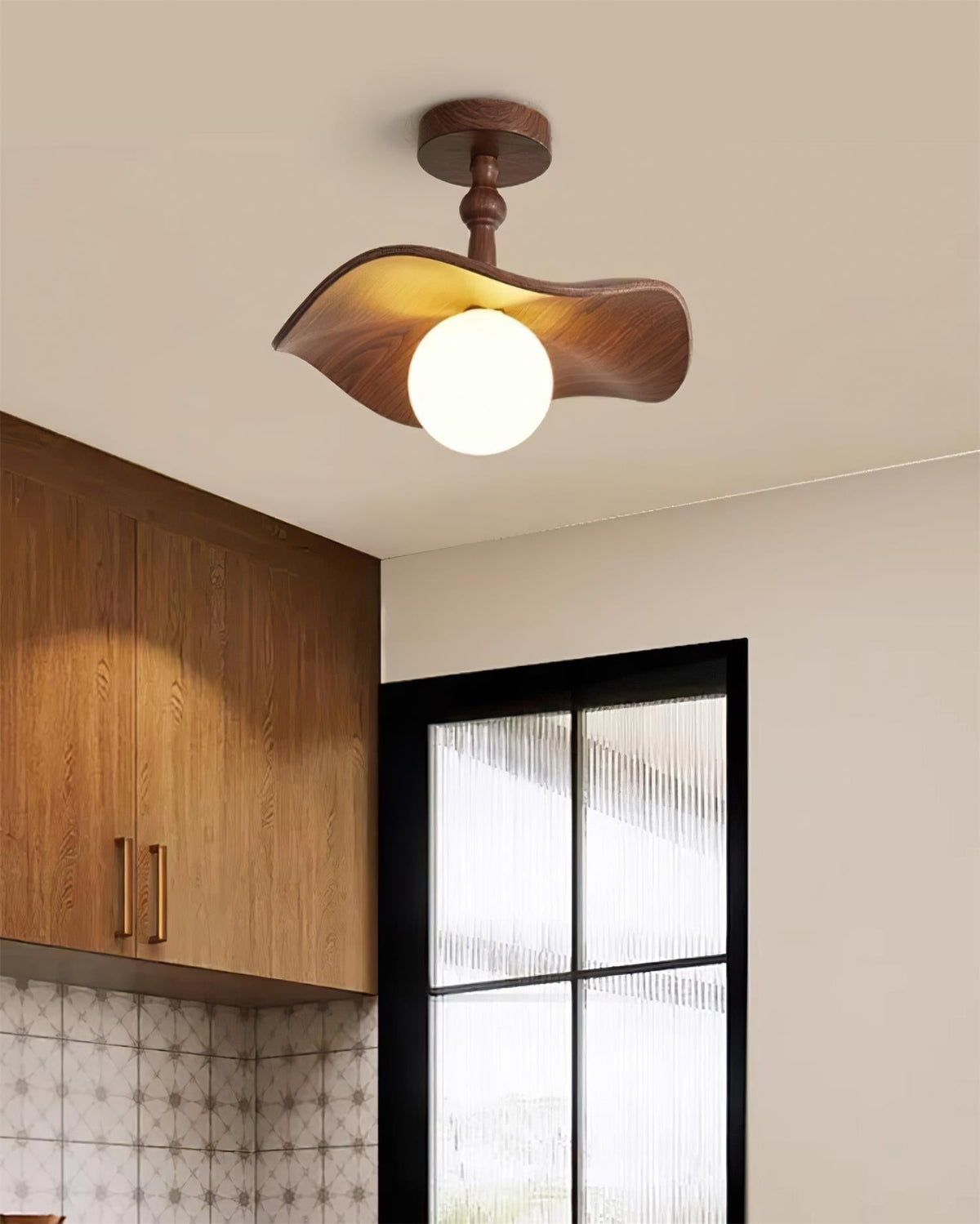 Beige Glass Shade Semi Flush Walnut Wood Ceiling Light Dimmable