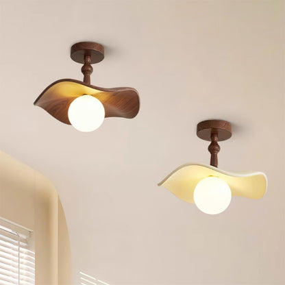 Beige Glass Shade Semi Flush Walnut Wood Ceiling Light Dimmable