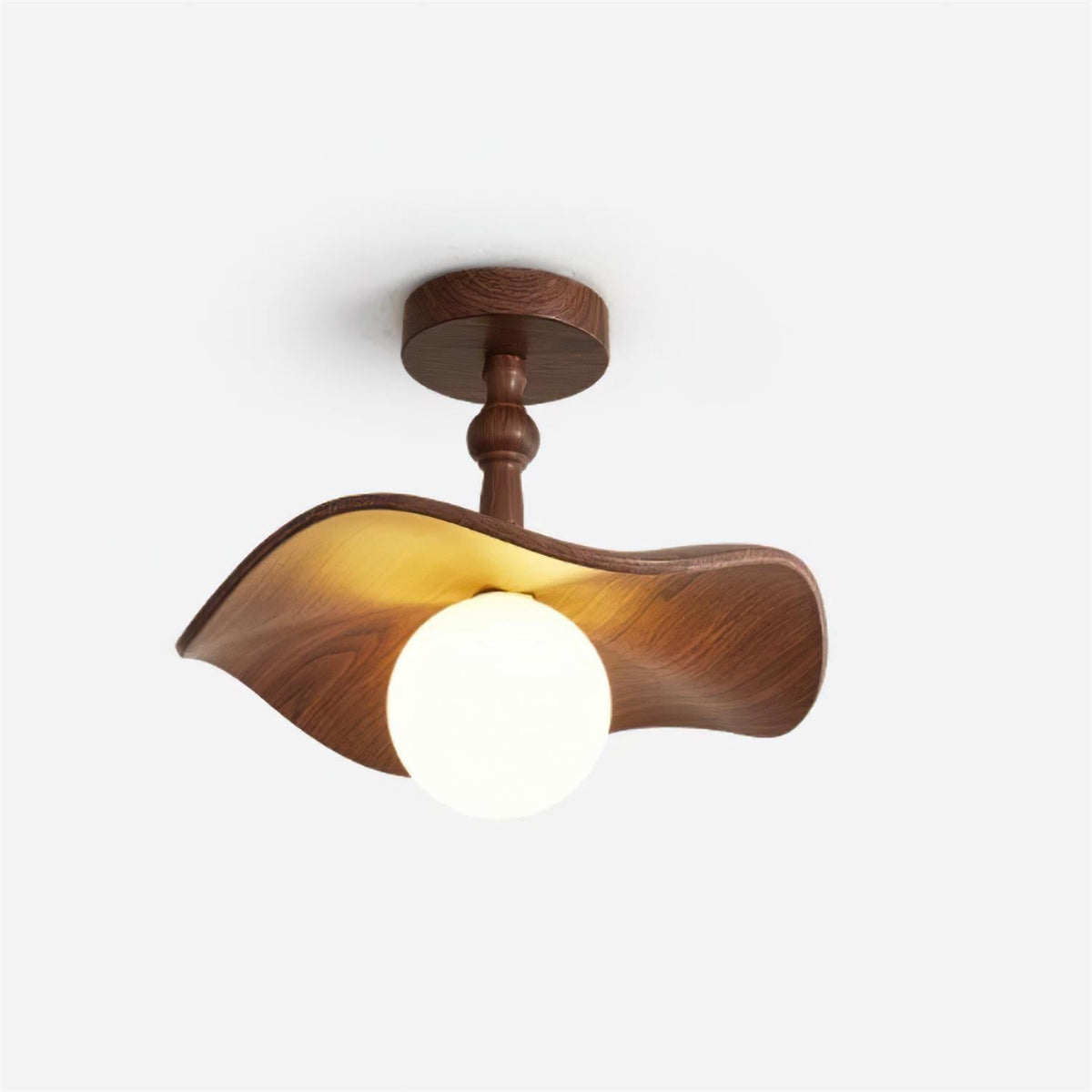 Beige Glass Shade Semi Flush Walnut Wood Ceiling Light Dimmable
