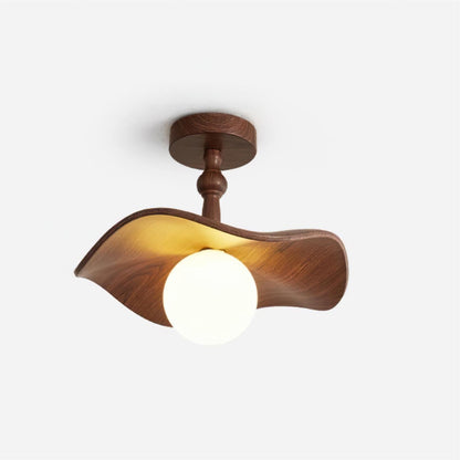 Beige Glass Shade Semi Flush Walnut Wood Ceiling Light Dimmable