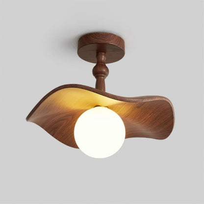 Beige Glass Shade Semi Flush Walnut Wood Ceiling Light Dimmable