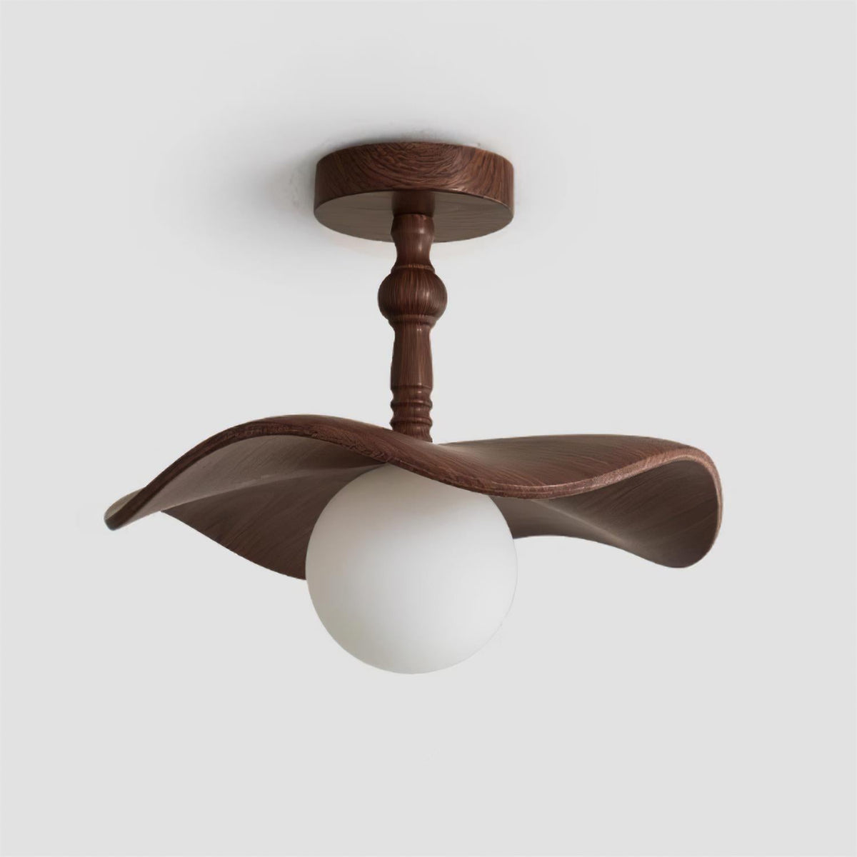 Beige Glass Shade Semi Flush Walnut Wood Ceiling Light Dimmable