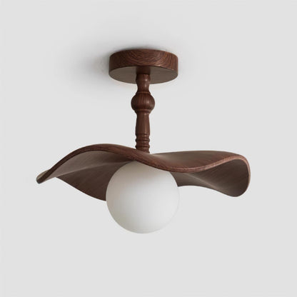 Beige Glass Shade Semi Flush Walnut Wood Ceiling Light Dimmable