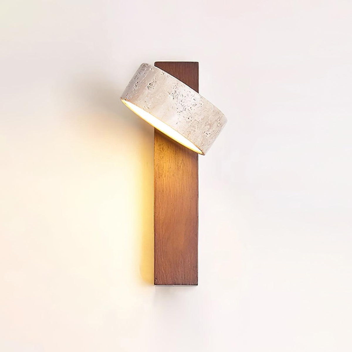 Wall Light With Yellow Travertine Shade And Tilted Wood Beam