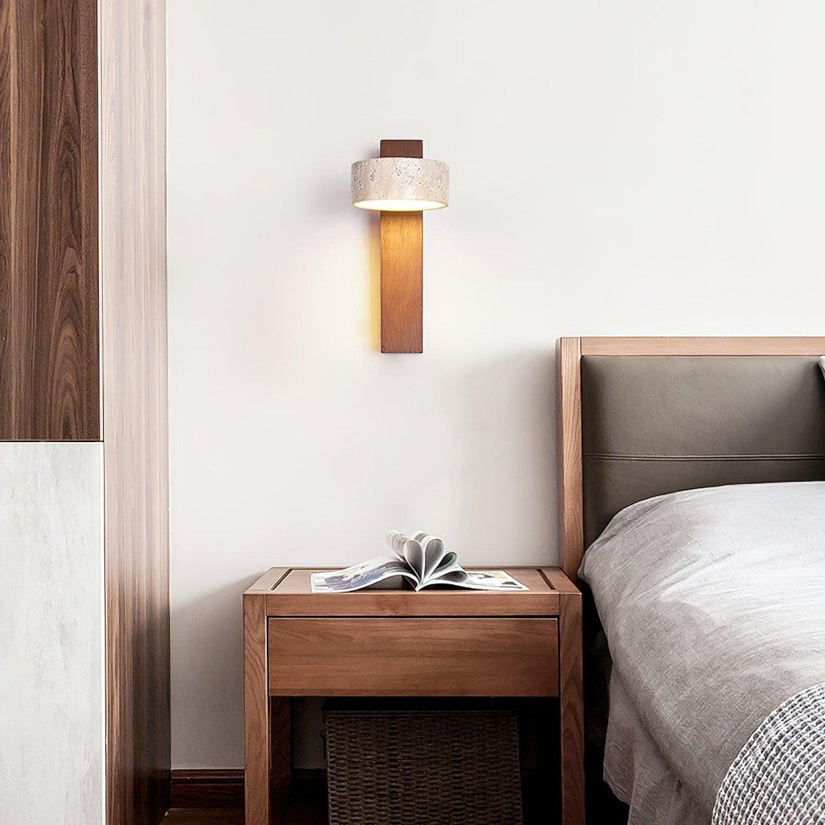 Wall Light With Yellow Travertine Shade And Tilted Wood Beam