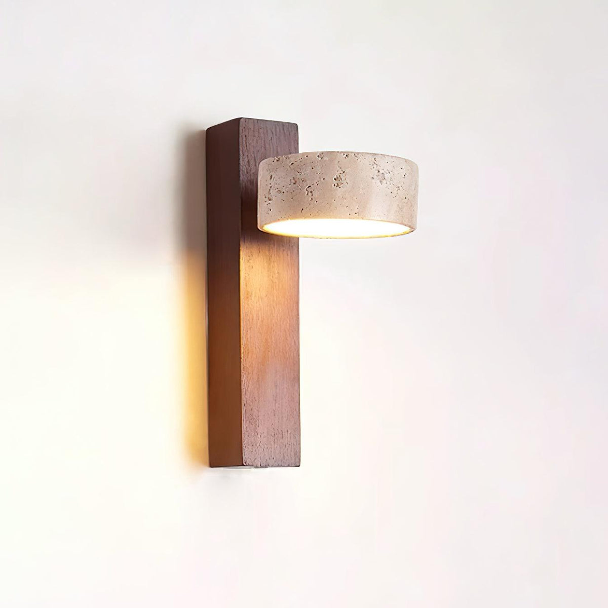 Wall Light With Yellow Travertine Shade And Tilted Wood Beam