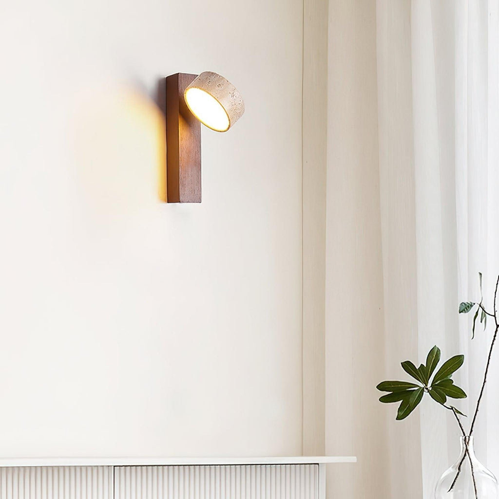 Yellow Shade Wood Wall Light With Aurora Tilted Travertine