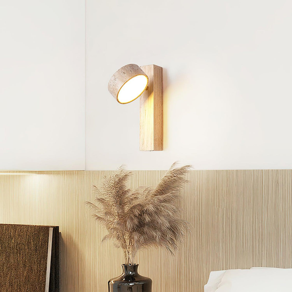 Yellow Shade Wood Wall Light With Aurora Tilted Travertine