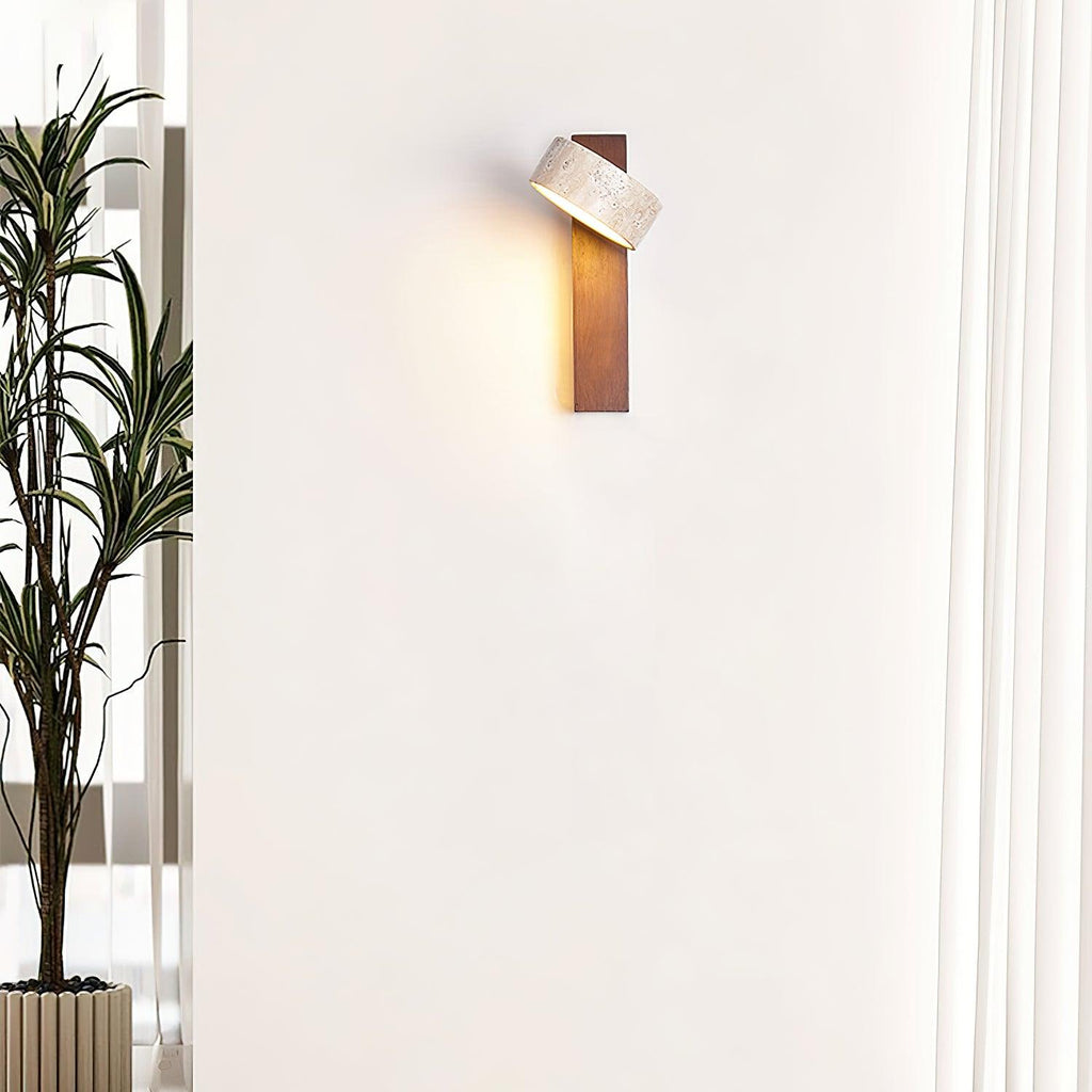 Yellow Shade Wood Wall Light With Aurora Tilted Travertine