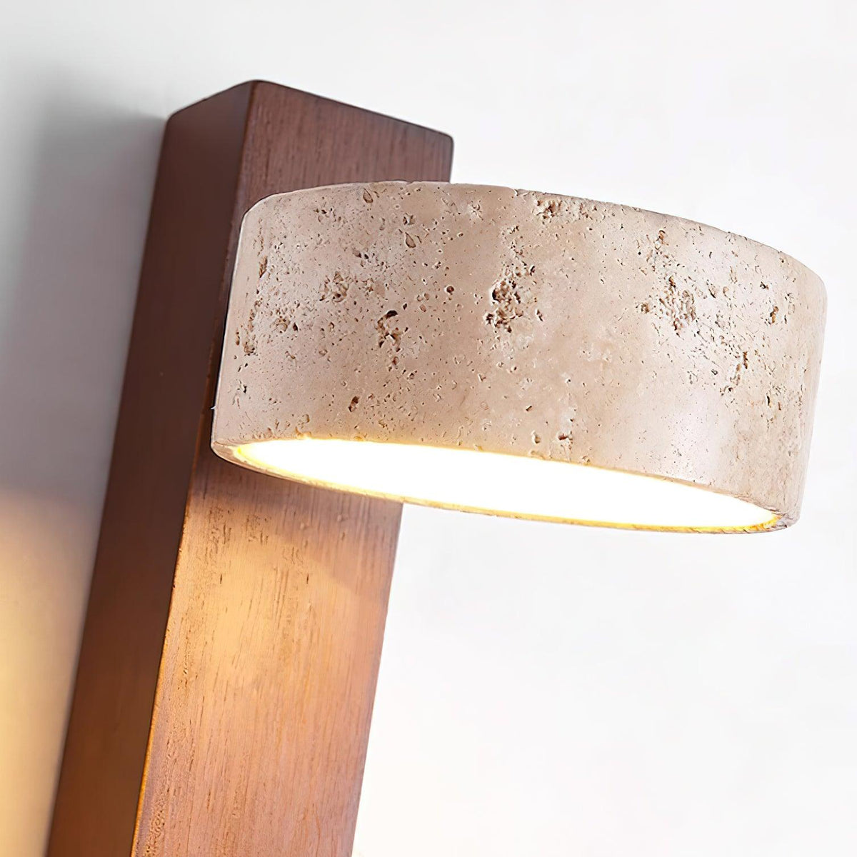 Wall Light With Yellow Travertine Shade And Tilted Wood Beam