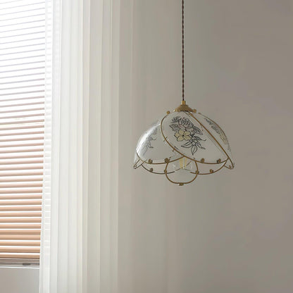 Vintage Metal Frame Pendant Lamp With Petal Glass Shade