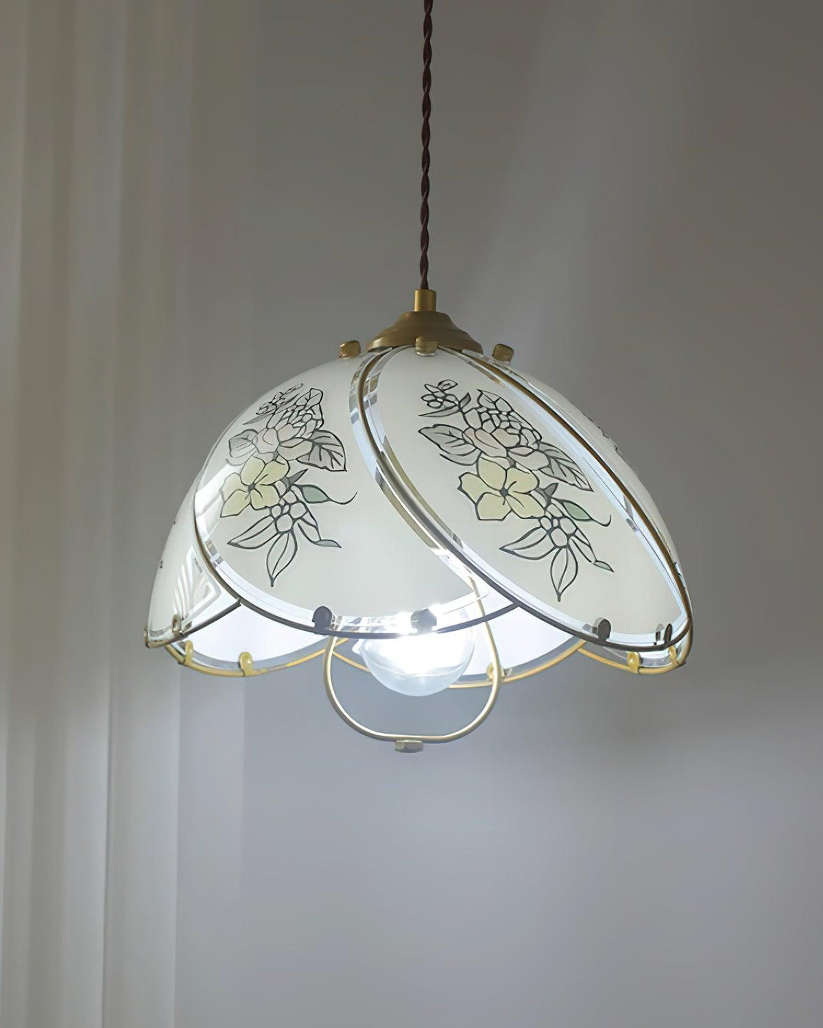 Vintage Metal Frame Pendant Lamp With Petal Glass Shade
