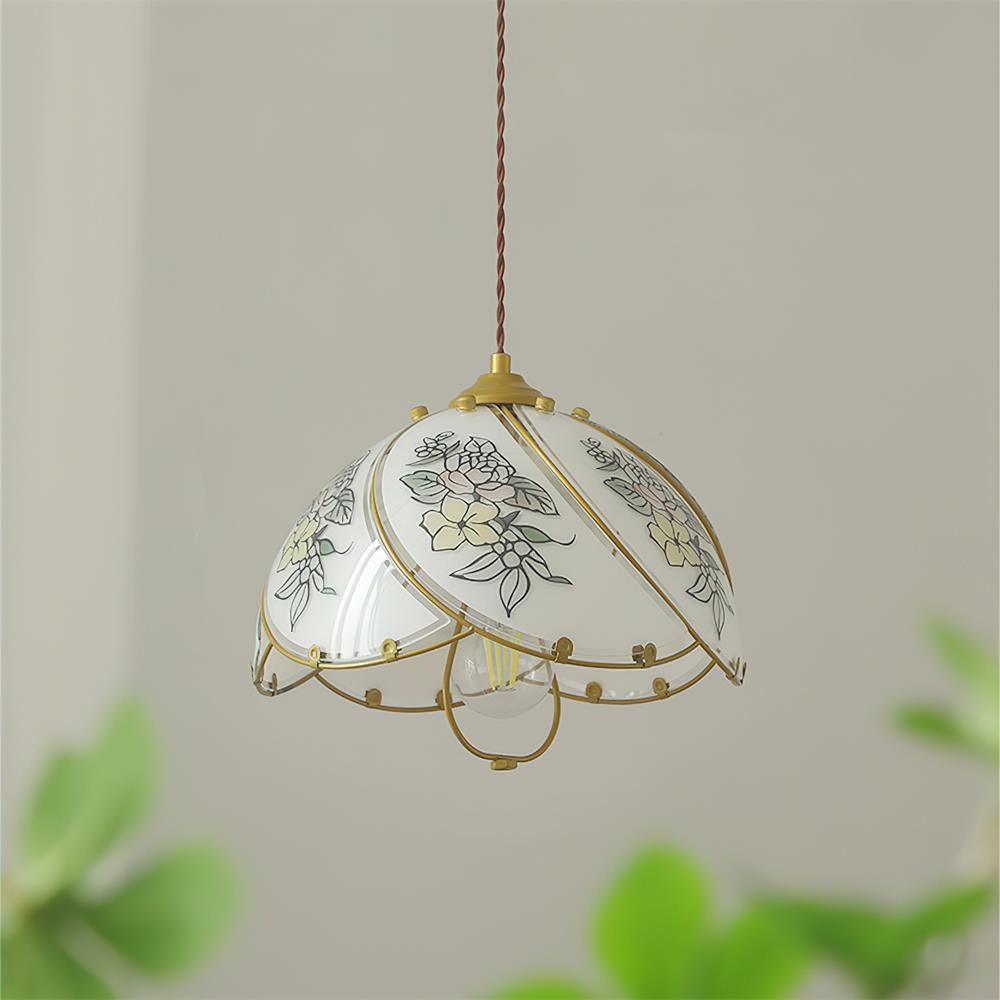 Vintage Metal Frame Pendant Lamp With Petal Glass Shade