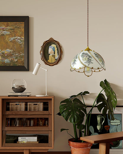 Vintage Metal Frame Pendant Lamp With Petal Glass Shade