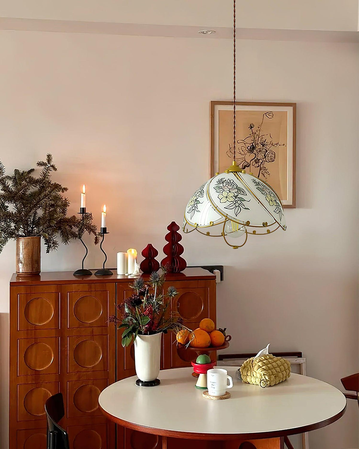 Vintage Metal Frame Pendant Lamp With Petal Glass Shade