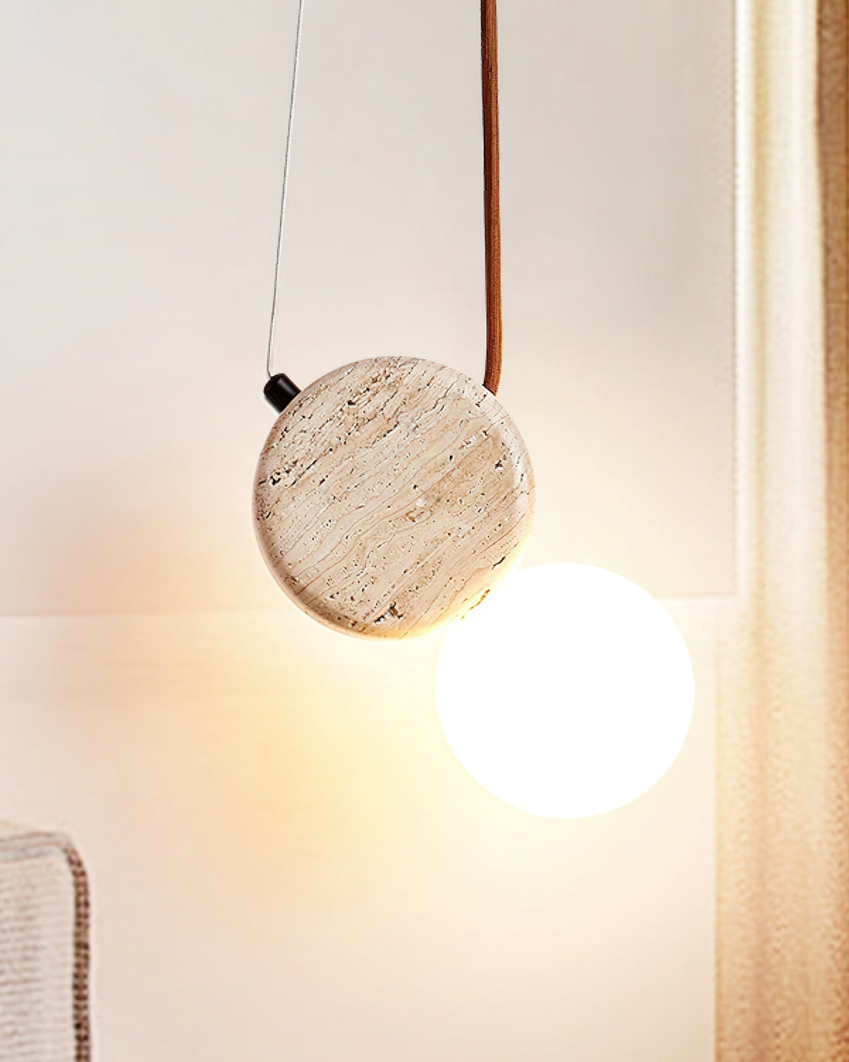 Warm Ambient Glow Double Disc Travertine Pendant Light
