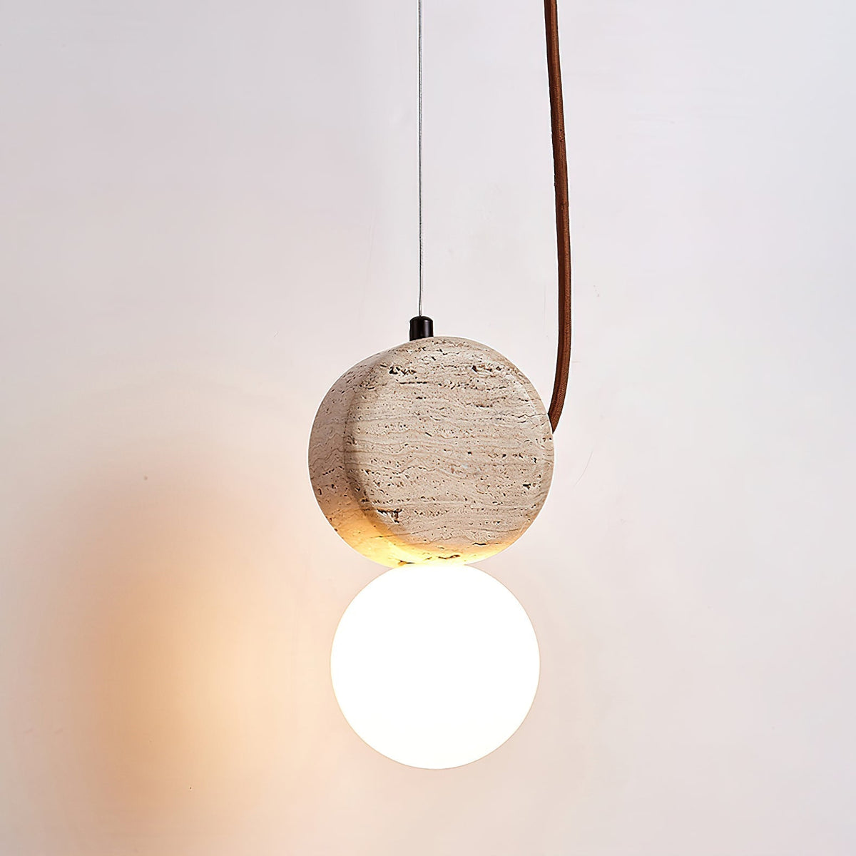 Warm Ambient Glow Double Disc Travertine Pendant Light