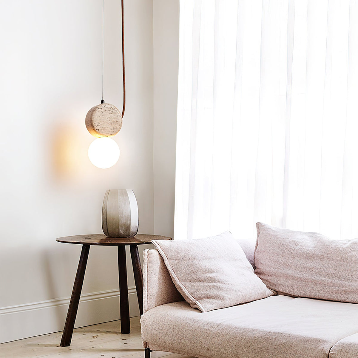 Warm Ambient Glow Double Disc Travertine Pendant Light