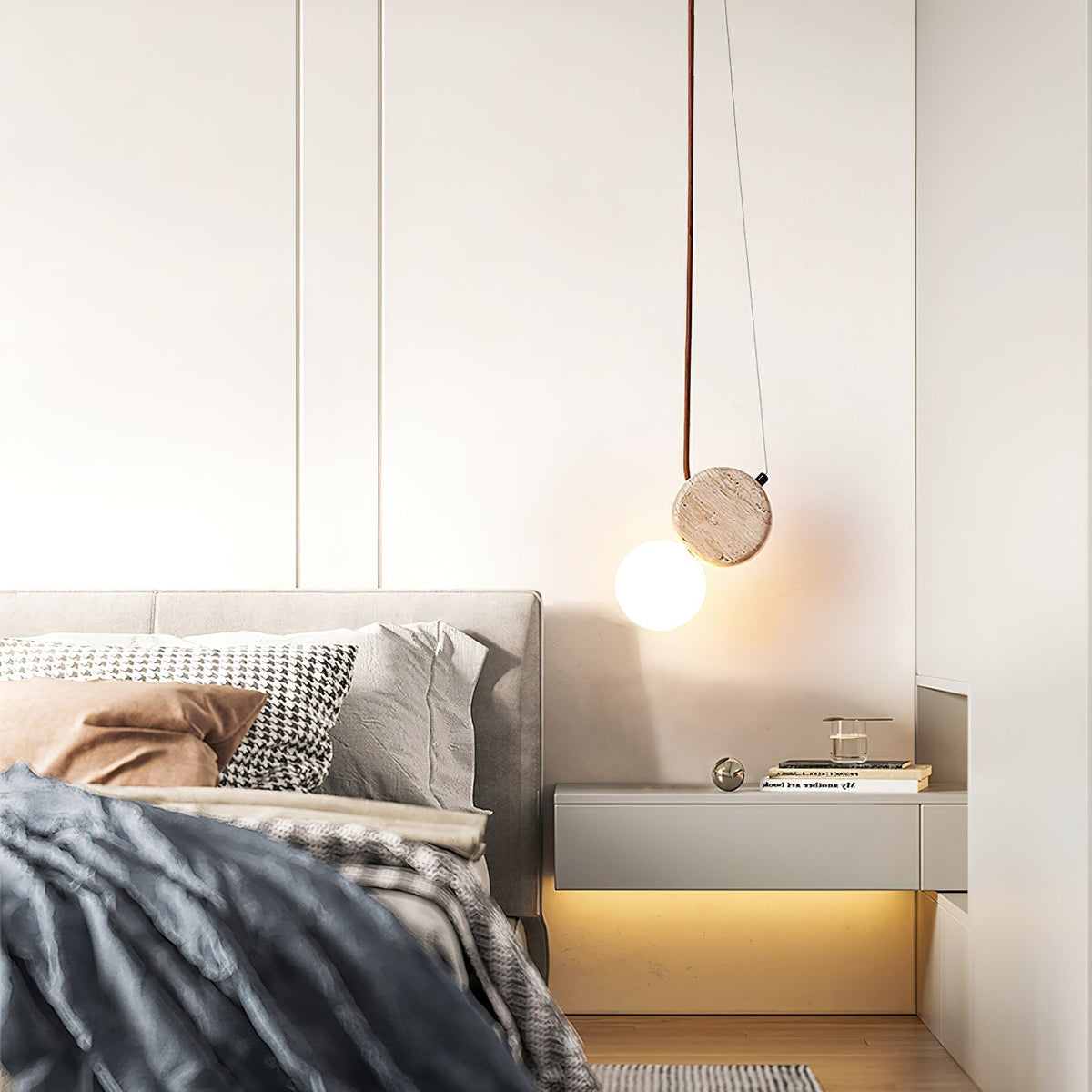 Warm Ambient Glow Double Disc Travertine Pendant Light