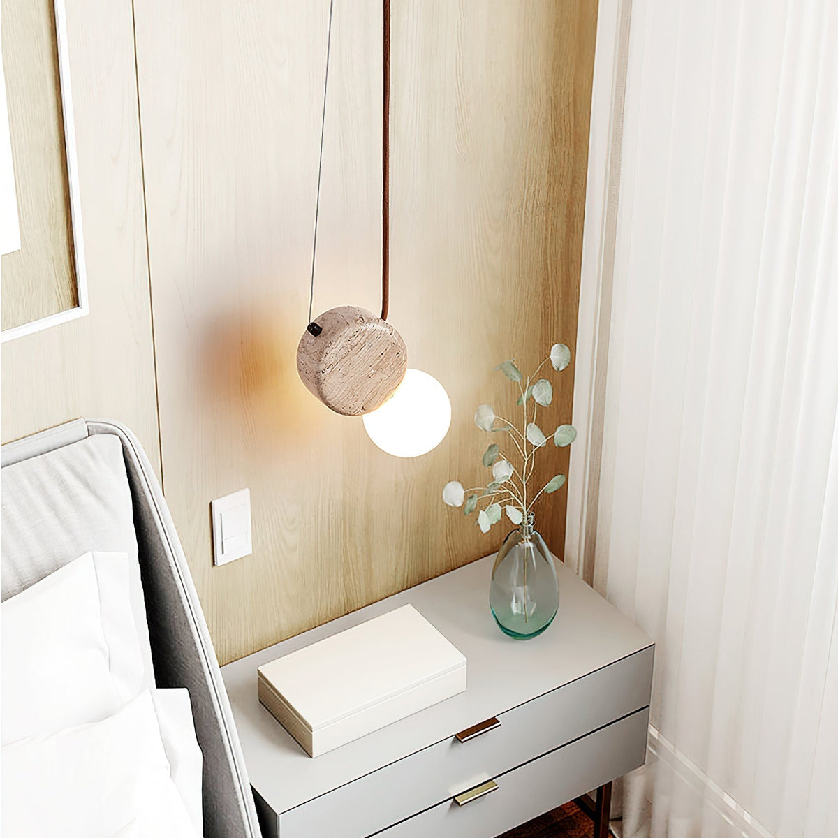 Warm Ambient Glow Double Disc Travertine Pendant Light