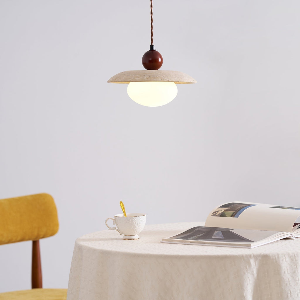 Warm Glow Pendant Light With Oak Accents And Travertine