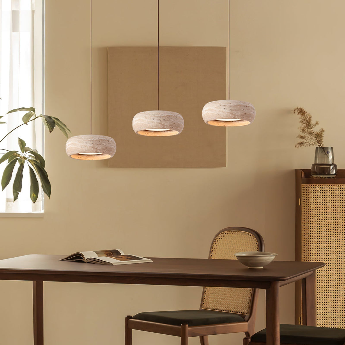 Pendant Light With Warm Glow Travertine Donut