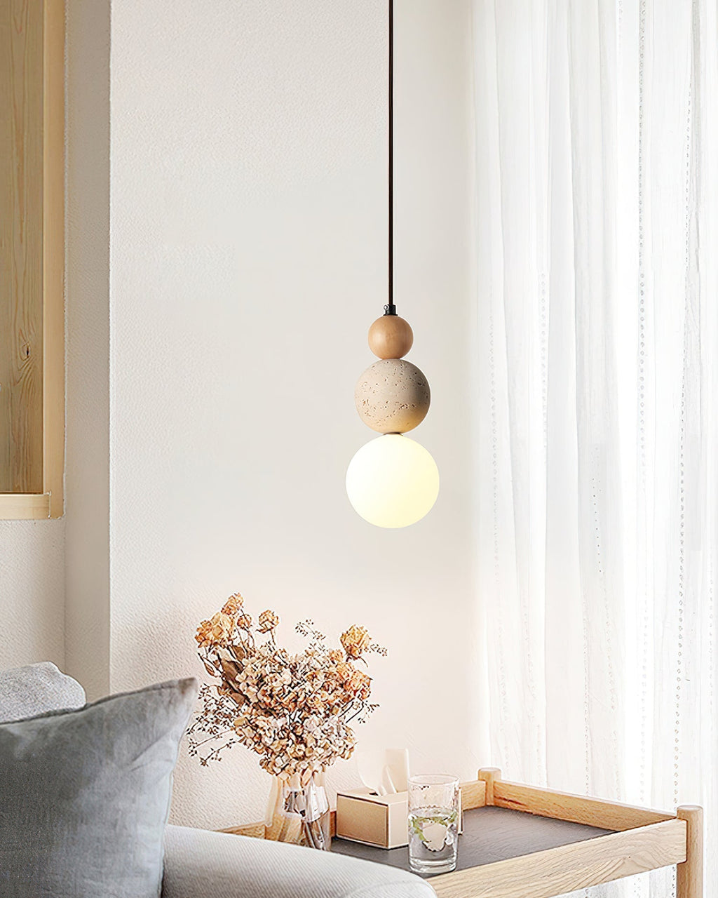 Glass Travertine Dimmable Triple Sphere Pendant Light