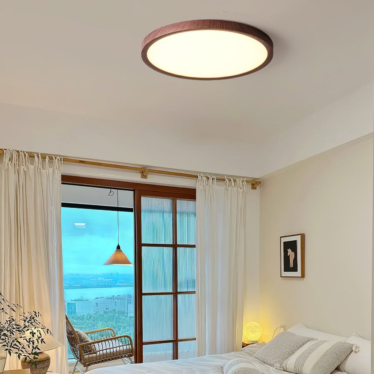 Round Slim Ceiling Light With Walnut Wood Finish Ultra