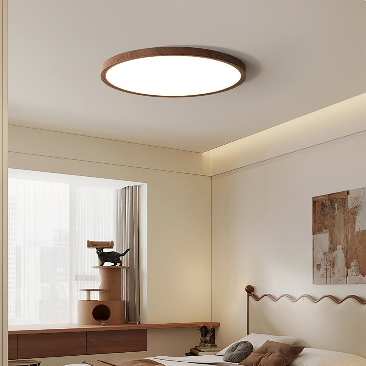 Round Slim Ceiling Light With Walnut Wood Finish Ultra