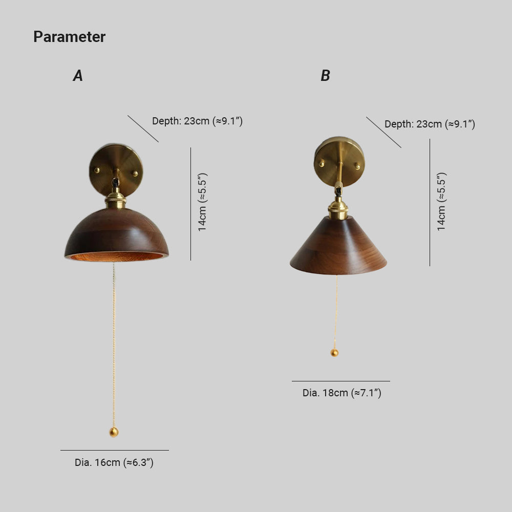 Dome Shade And Pull Chain Switch Wooden Wall Lamp For Bedroom