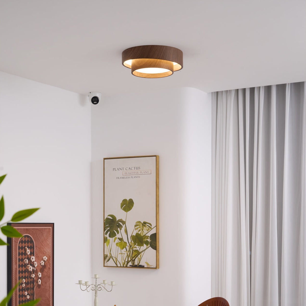 Geometric Walnut Double Ring Ceiling Light