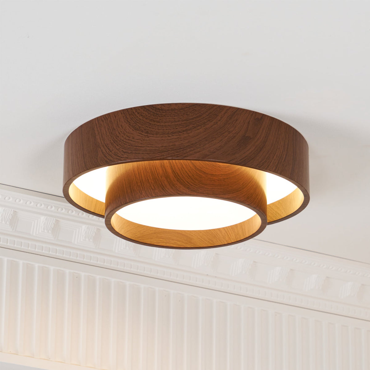 Geometric Walnut Double Ring Ceiling Light
