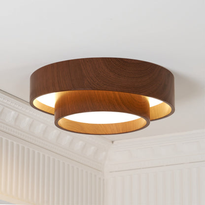 Geometric Walnut Double Ring Ceiling Light