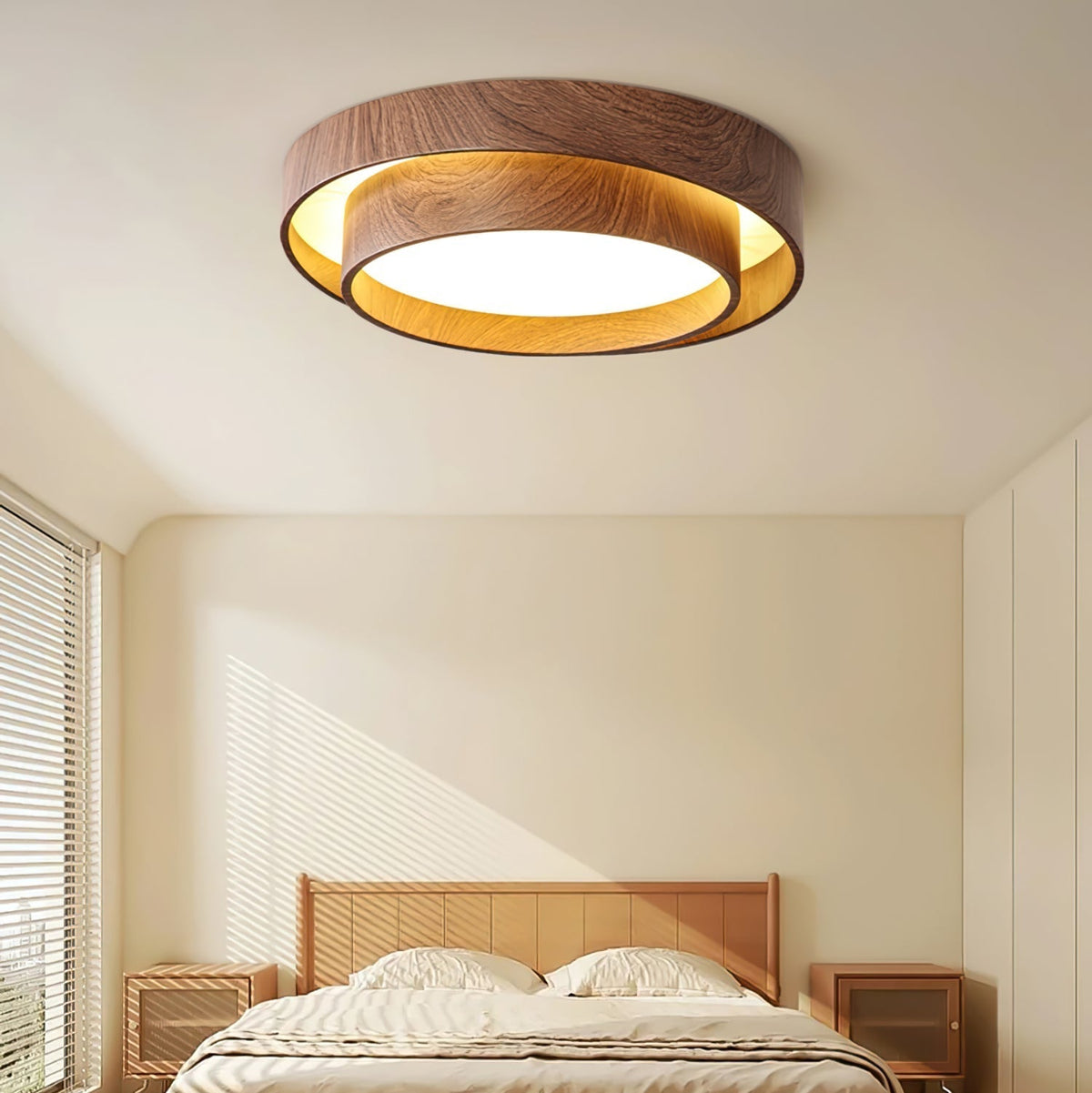 Geometric Walnut Double Ring Ceiling Light