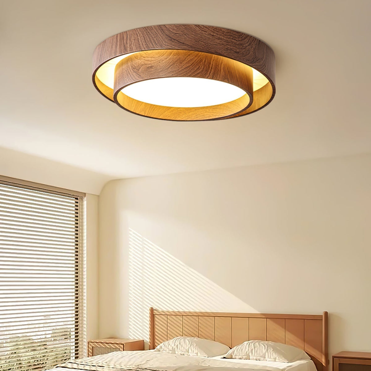 Geometric Walnut Double Ring Ceiling Light