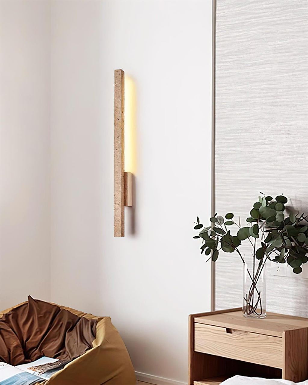 Walnut Wood Finish Slim Travertine Wall Lamp