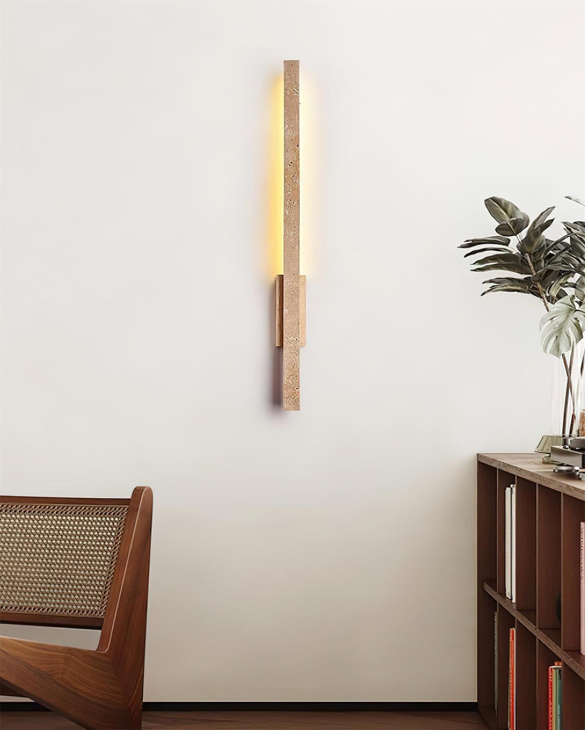 Walnut Wood Finish Slim Travertine Wall Lamp
