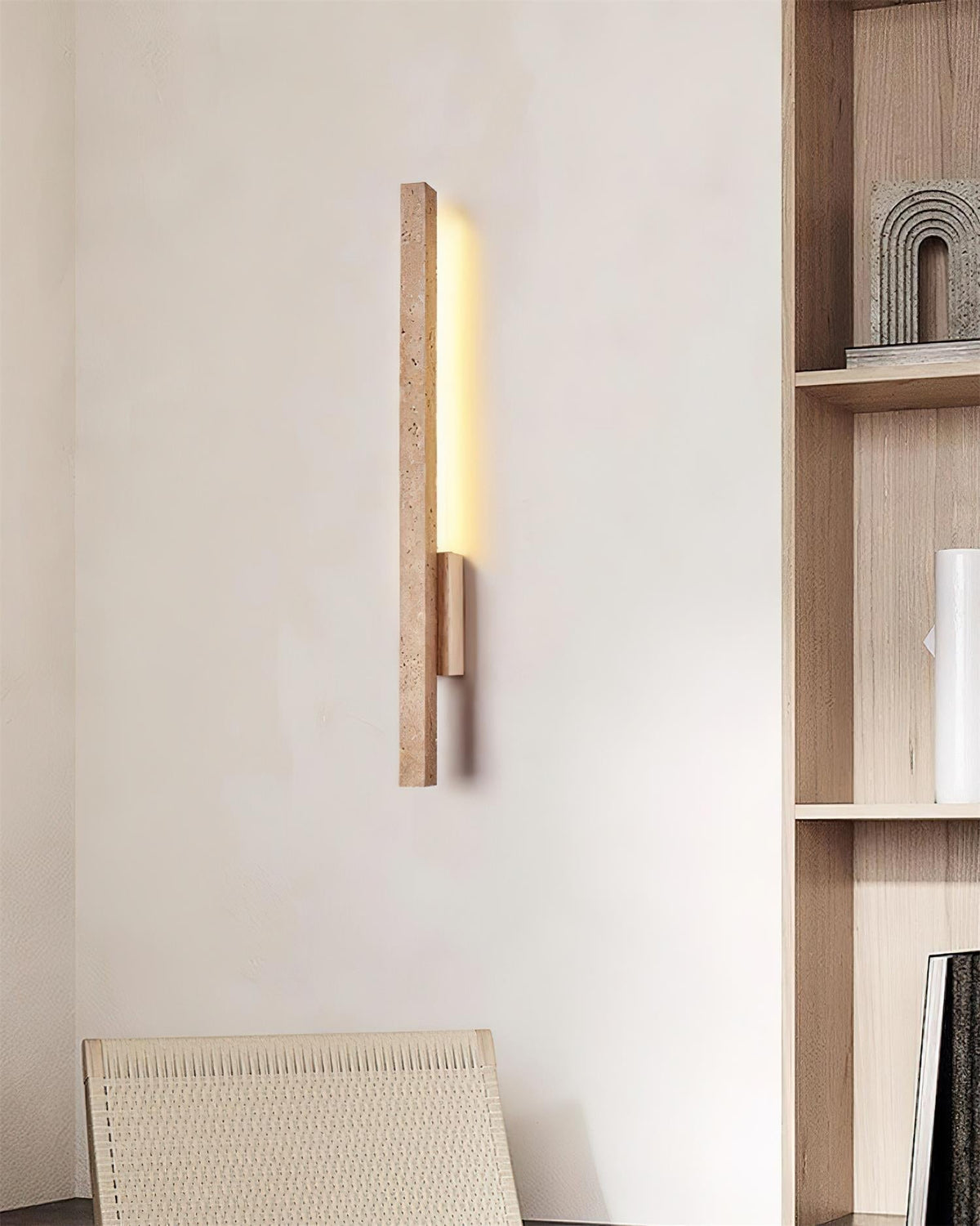 Walnut Wood Finish Slim Travertine Wall Lamp