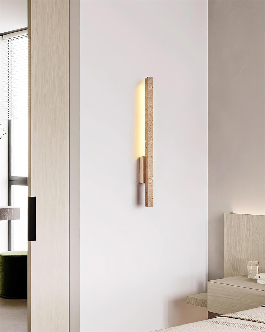 Walnut Wood Finish Slim Travertine Wall Lamp