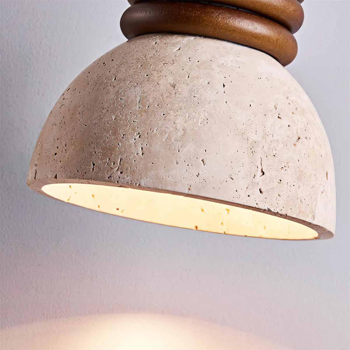 Dome Ambient Pendant Lamp With Walnut Wood Rings And Travertine
