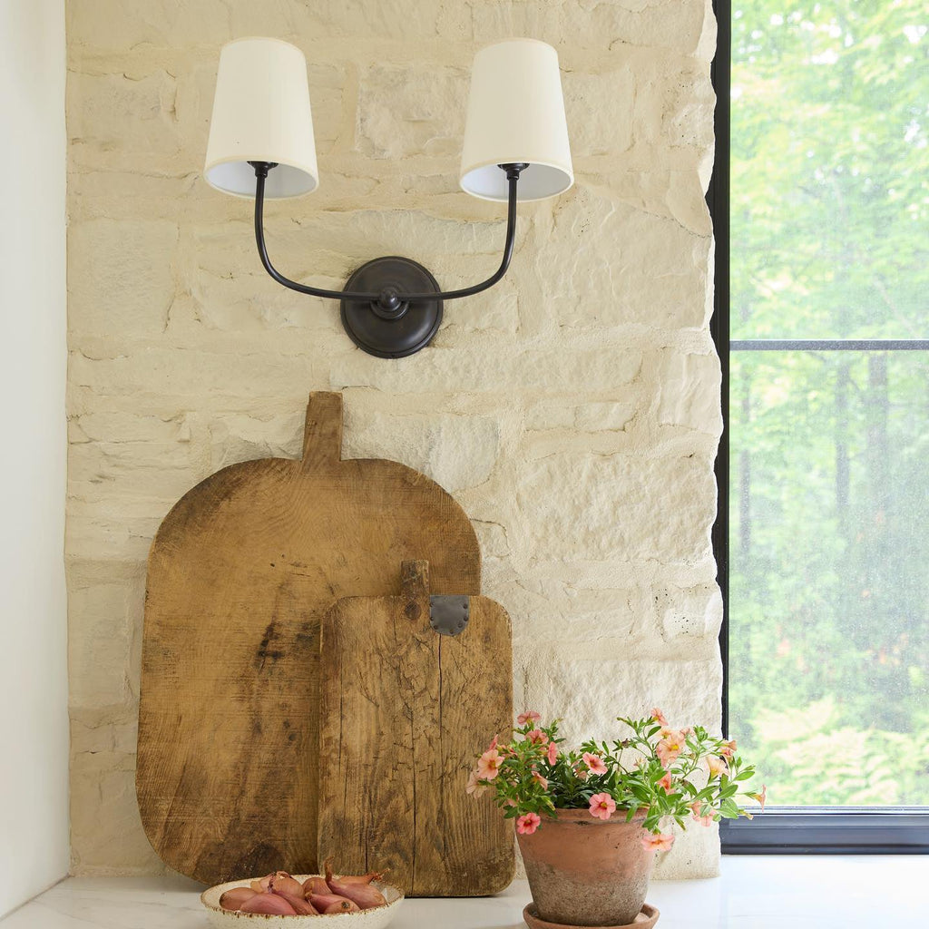 Black Brass Finish Curved Arms Wall Lamp With White Fabric Shades