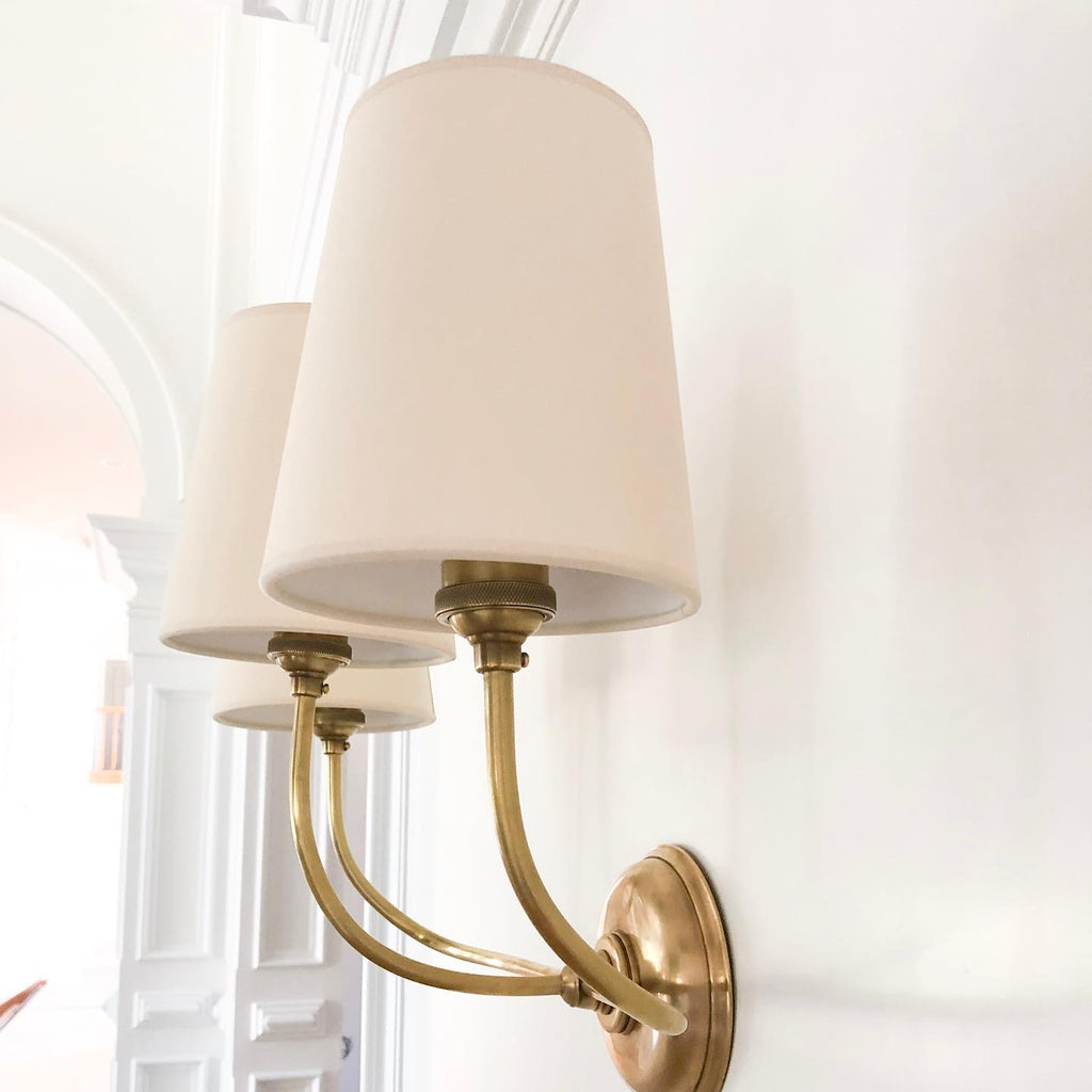 Black Brass Finish Curved Arms Wall Lamp With White Fabric Shades