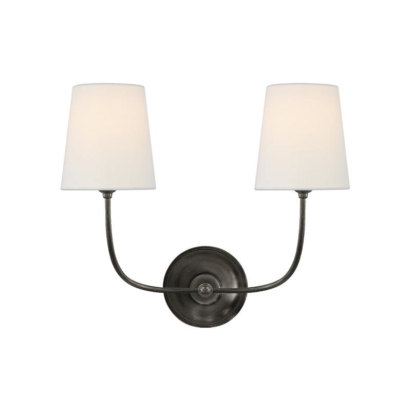 Black Brass Finish Curved Arms Wall Lamp With White Fabric Shades