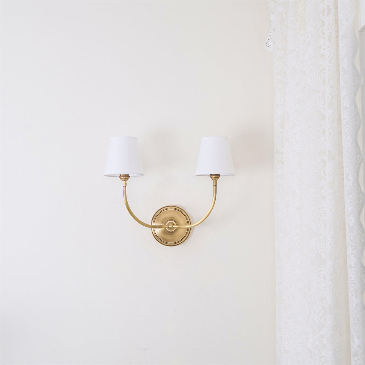 Black Brass Finish Curved Arms Wall Lamp With White Fabric Shades