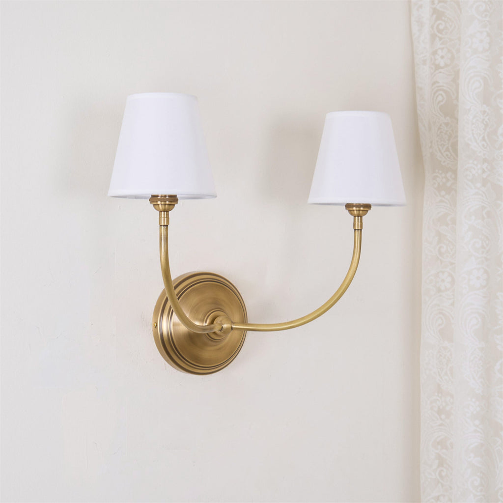 Black Brass Finish Curved Arms Wall Lamp With White Fabric Shades