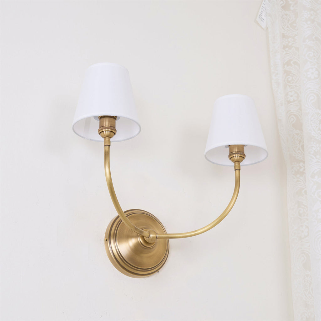 Black Brass Finish Curved Arms Wall Lamp With White Fabric Shades