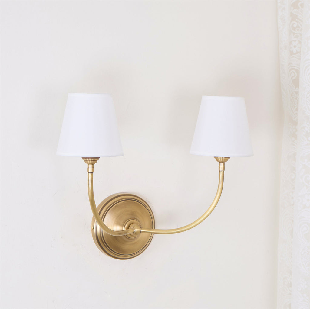 Black Brass Finish Curved Arms Wall Lamp With White Fabric Shades